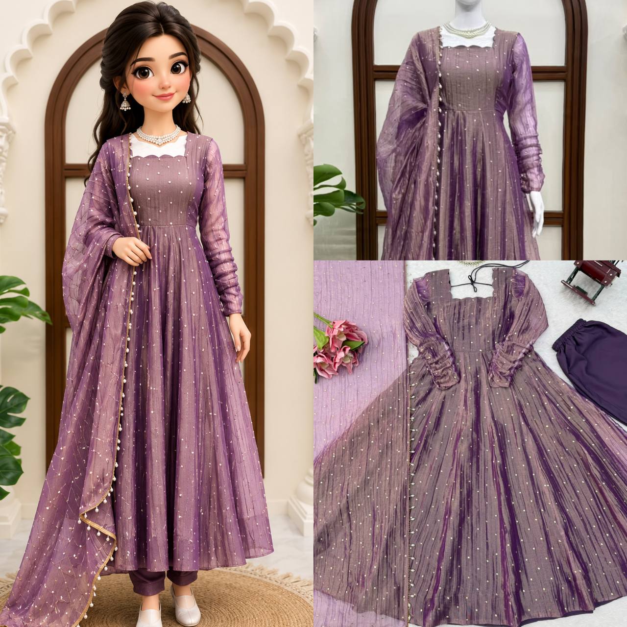 Designer Salsa Silk Foil Work Gown Set with Stitched Pant and Dupatta