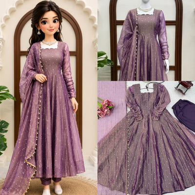 Designer Salsa Silk Foil Work Gown Set with Stitched Pant and Dupatta