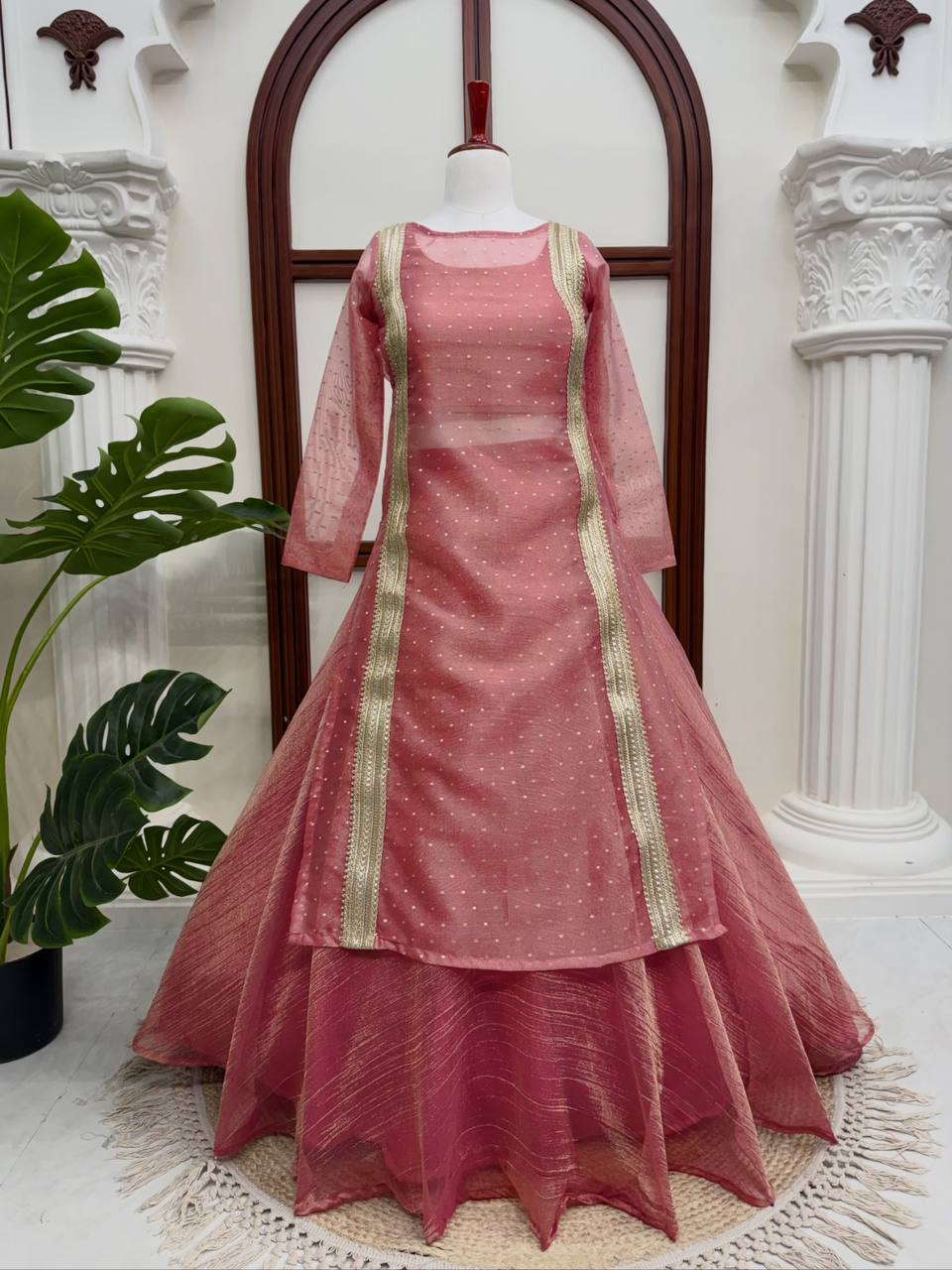 Heavy Salsa Crush Flared Lehenga Set with Lace Work Top & Coordinated Blouse