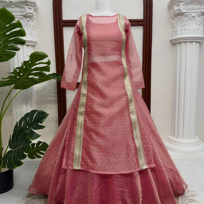 Heavy Salsa Crush Flared Lehenga Set with Lace Work Top & Coordinated Blouse