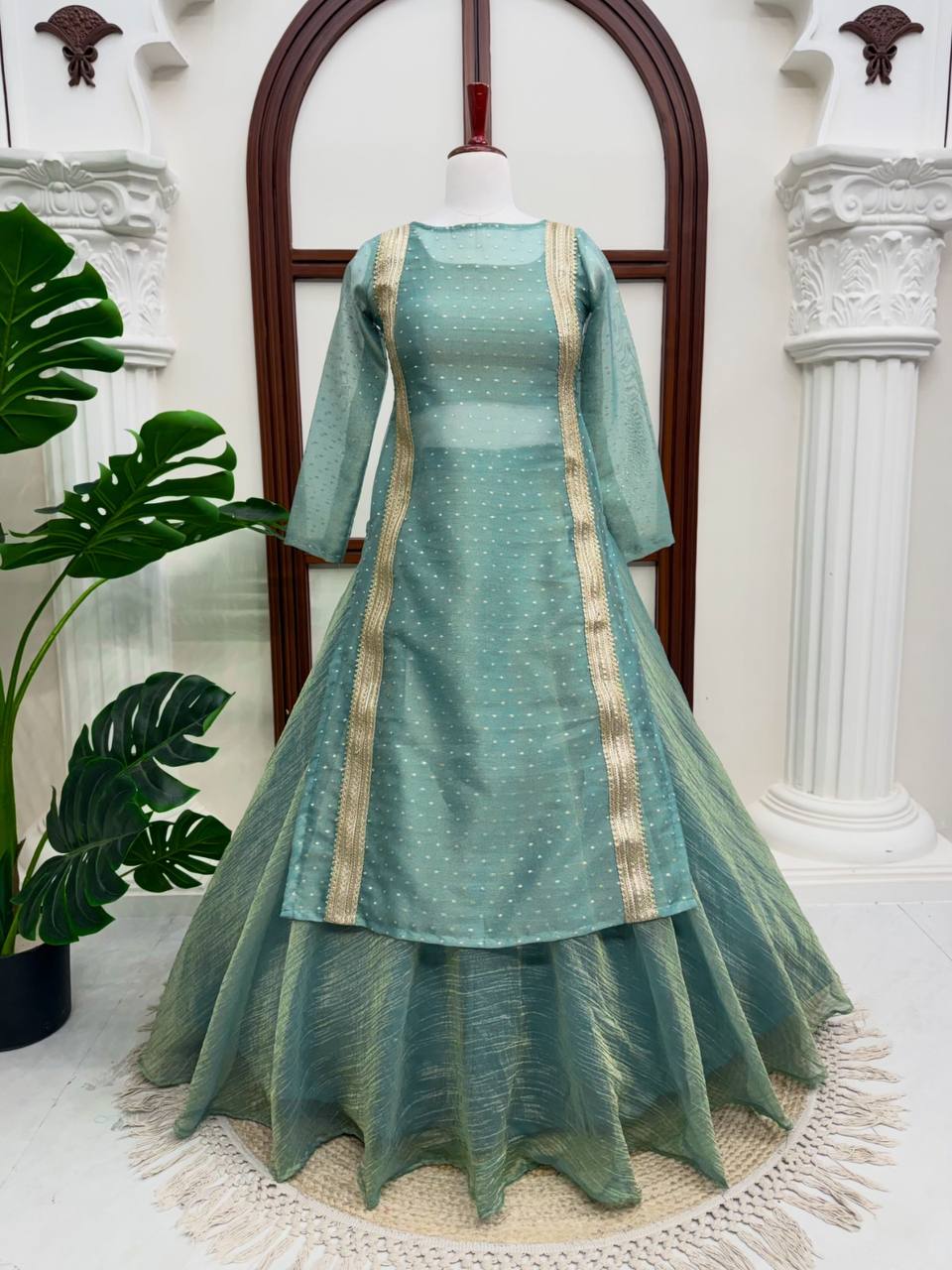 Heavy Salsa Crush Flared Lehenga Set with Lace Work Top & Coordinated Blouse