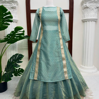 Heavy Salsa Crush Flared Lehenga Set with Lace Work Top & Coordinated Blouse