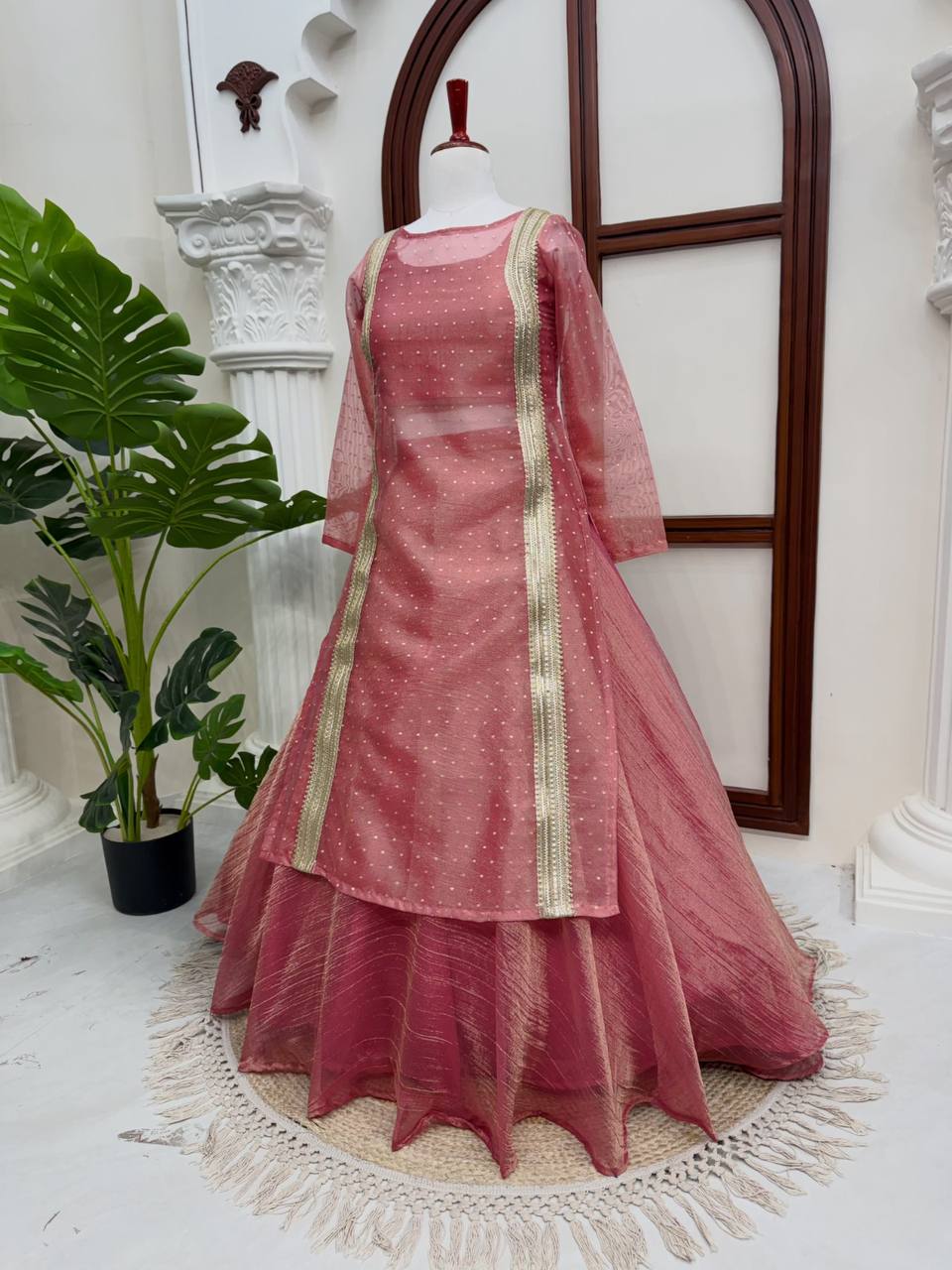 Heavy Salsa Crush Flared Lehenga Set with Lace Work Top & Coordinated Blouse