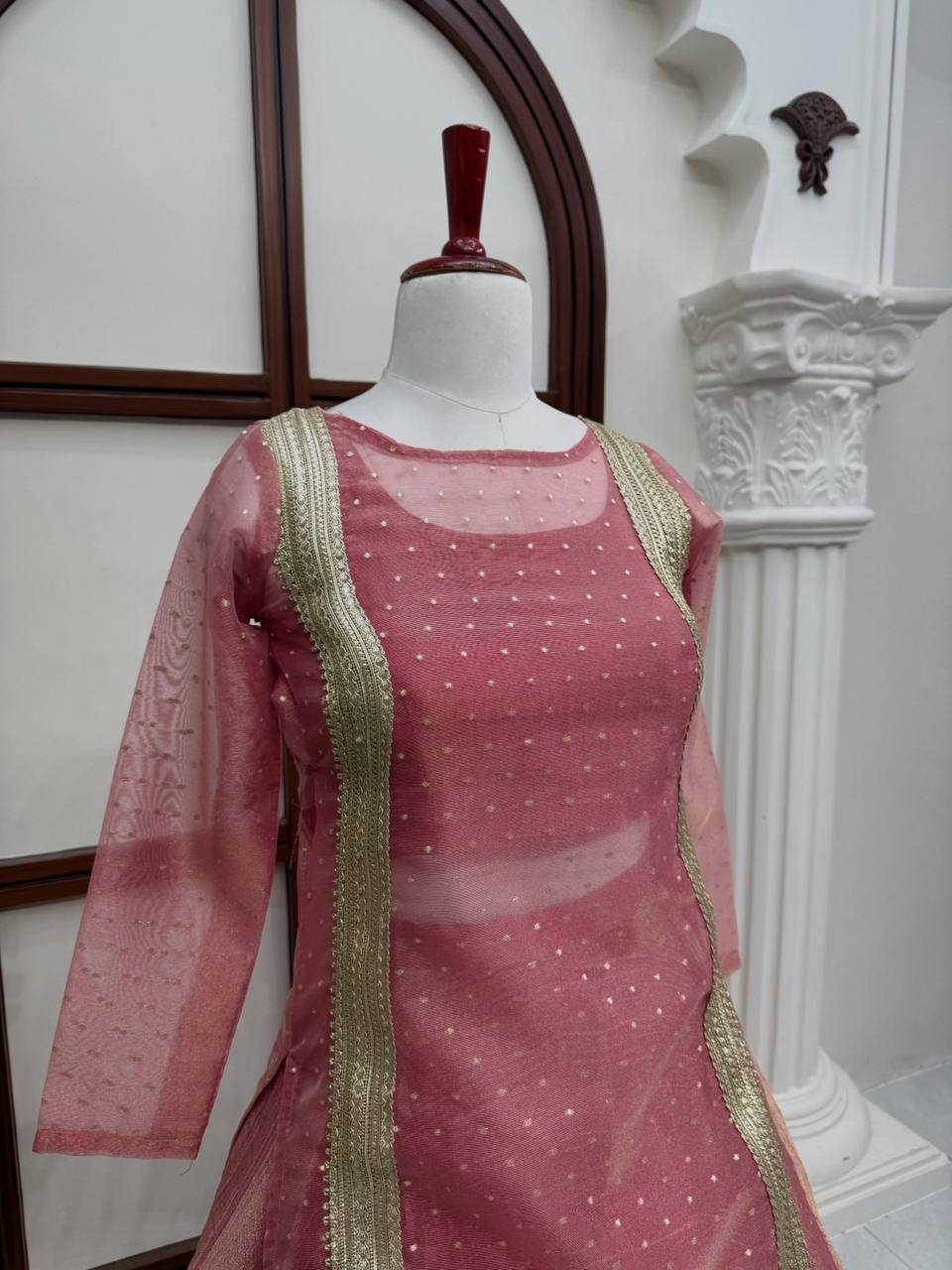 Heavy Salsa Crush Flared Lehenga Set with Lace Work Top & Coordinated Blouse