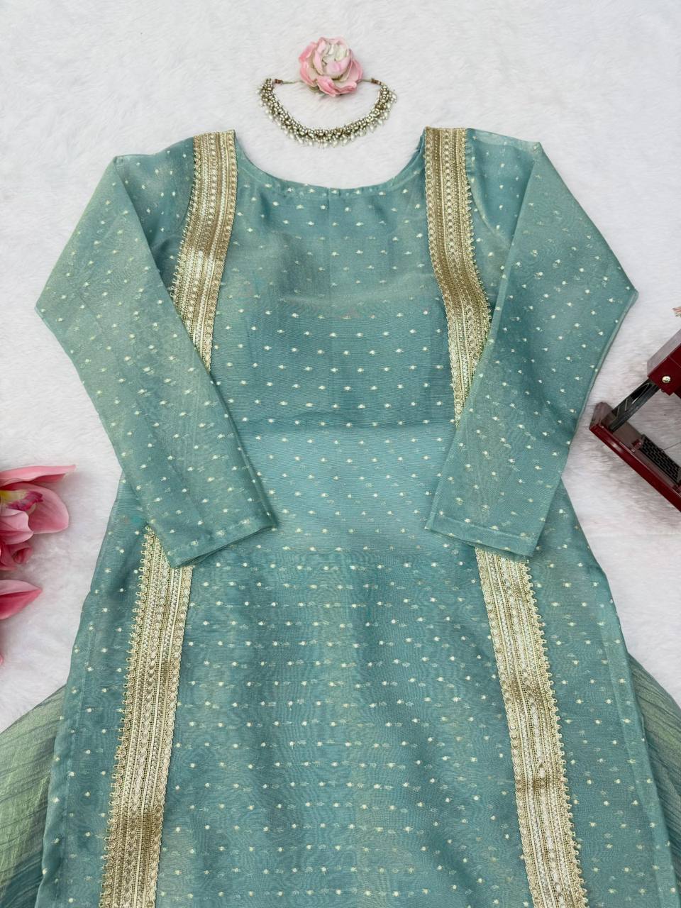 Heavy Salsa Crush Flared Lehenga Set with Lace Work Top & Coordinated Blouse