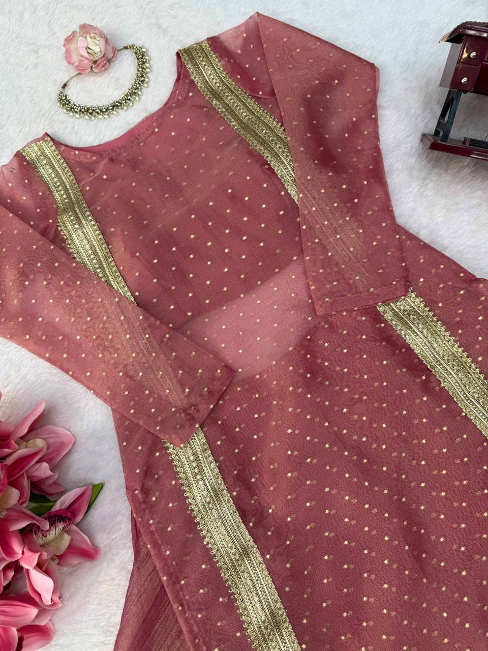 Heavy Salsa Crush Flared Lehenga Set with Lace Work Top & Coordinated Blouse