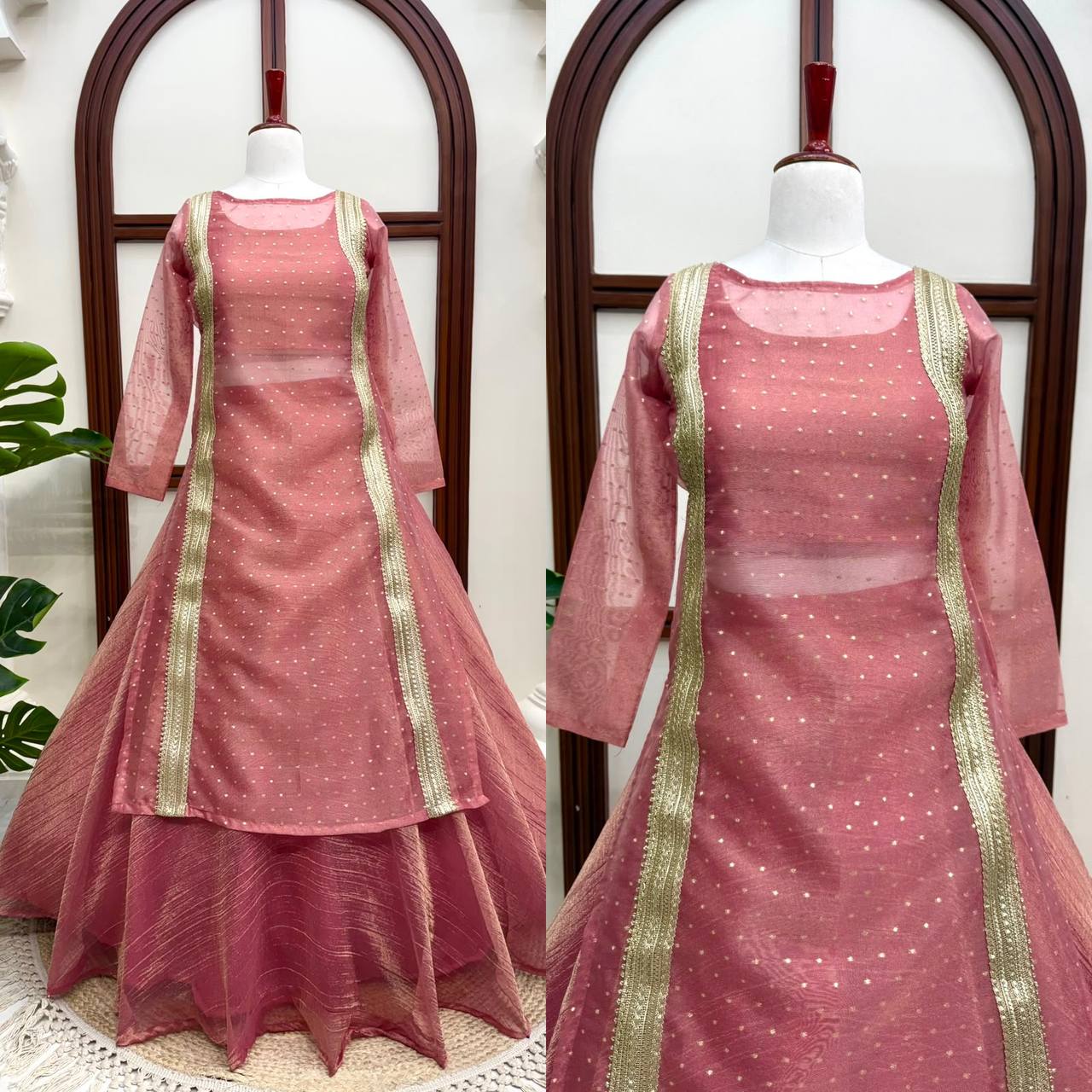 Heavy Salsa Crush Flared Lehenga Set with Lace Work Top & Coordinated Blouse