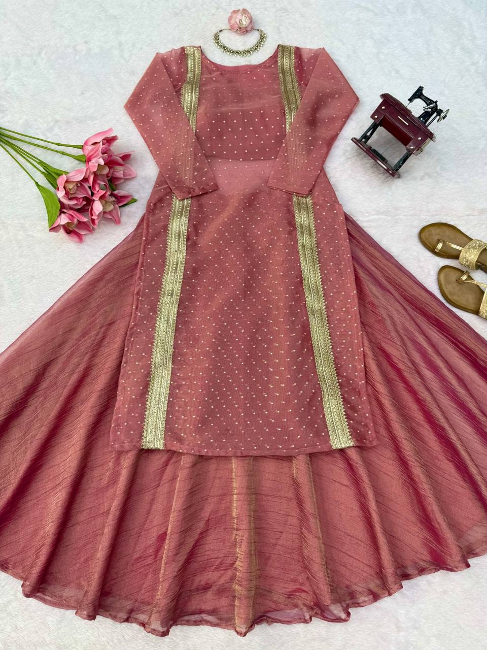 Heavy Salsa Crush Flared Lehenga Set with Lace Work Top & Coordinated Blouse