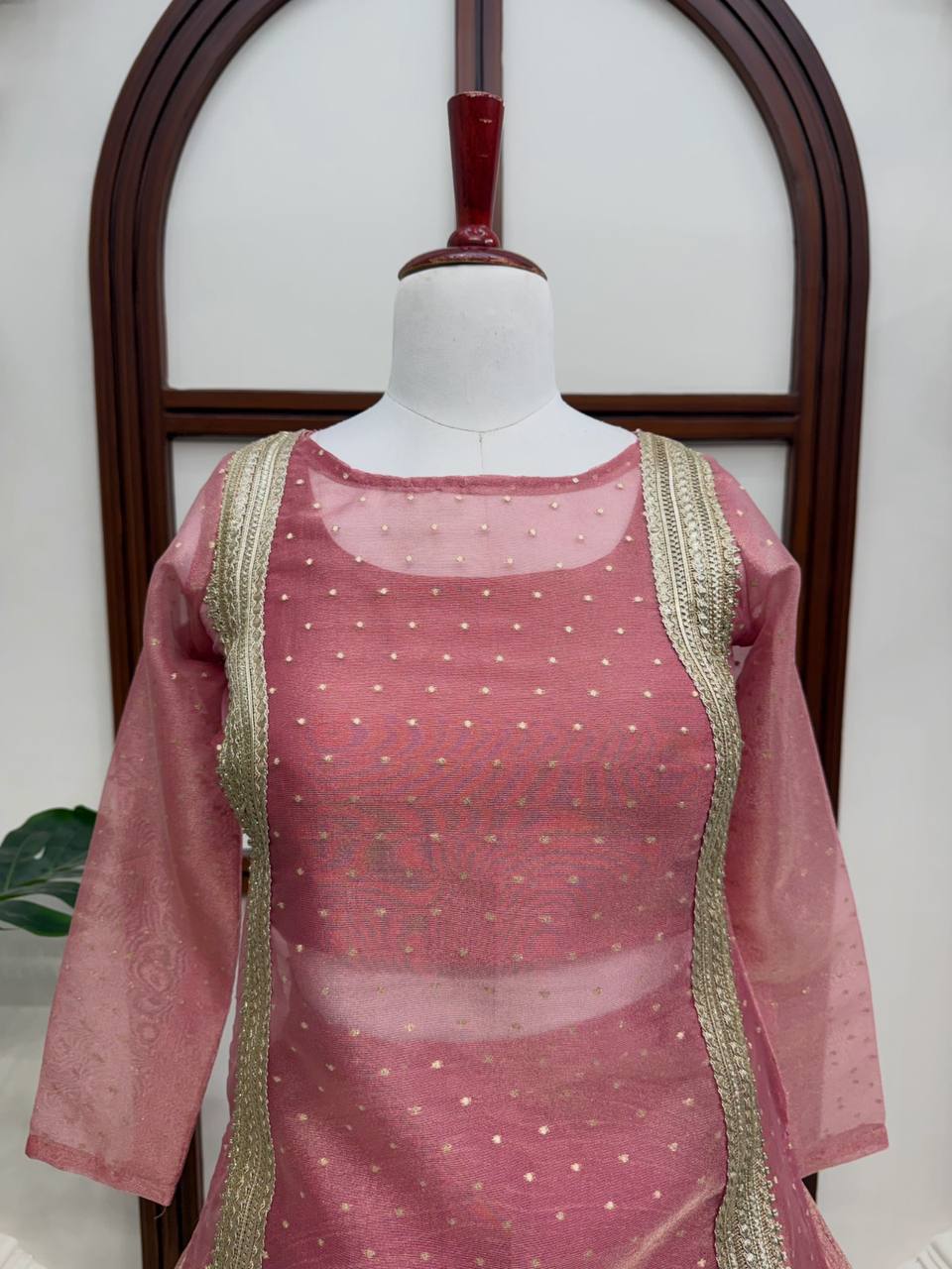 Heavy Salsa Crush Flared Lehenga Set with Lace Work Top & Coordinated Blouse