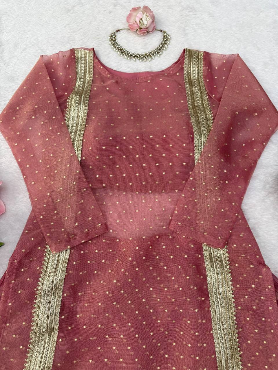 Heavy Salsa Crush Flared Lehenga Set with Lace Work Top & Coordinated Blouse