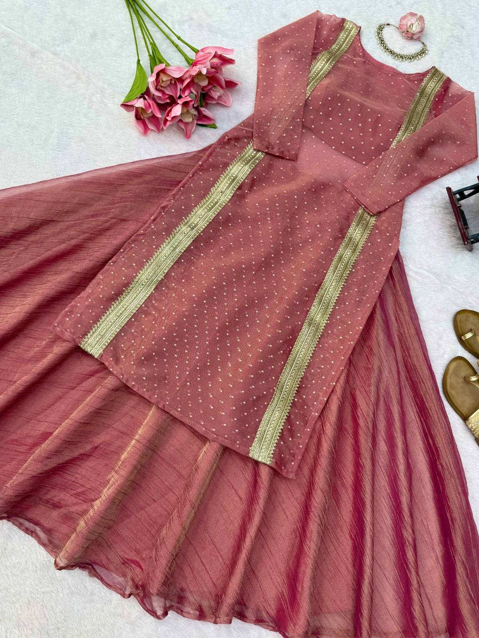 Heavy Salsa Crush Flared Lehenga Set with Lace Work Top & Coordinated Blouse
