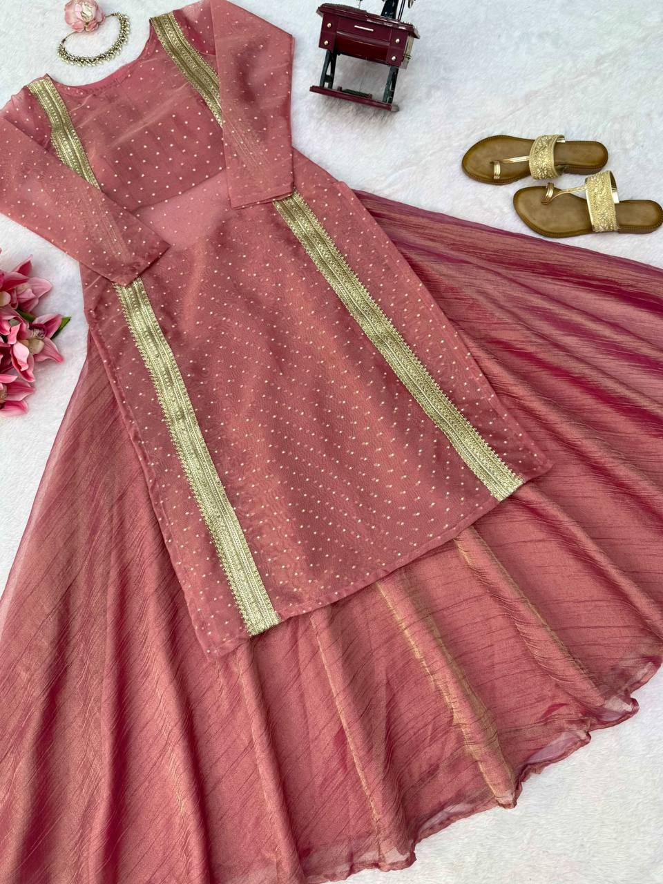 Heavy Salsa Crush Flared Lehenga Set with Lace Work Top & Coordinated Blouse