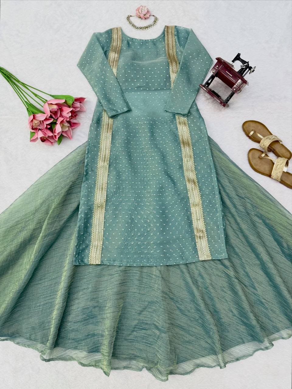 Heavy Salsa Crush Flared Lehenga Set with Lace Work Top & Coordinated Blouse