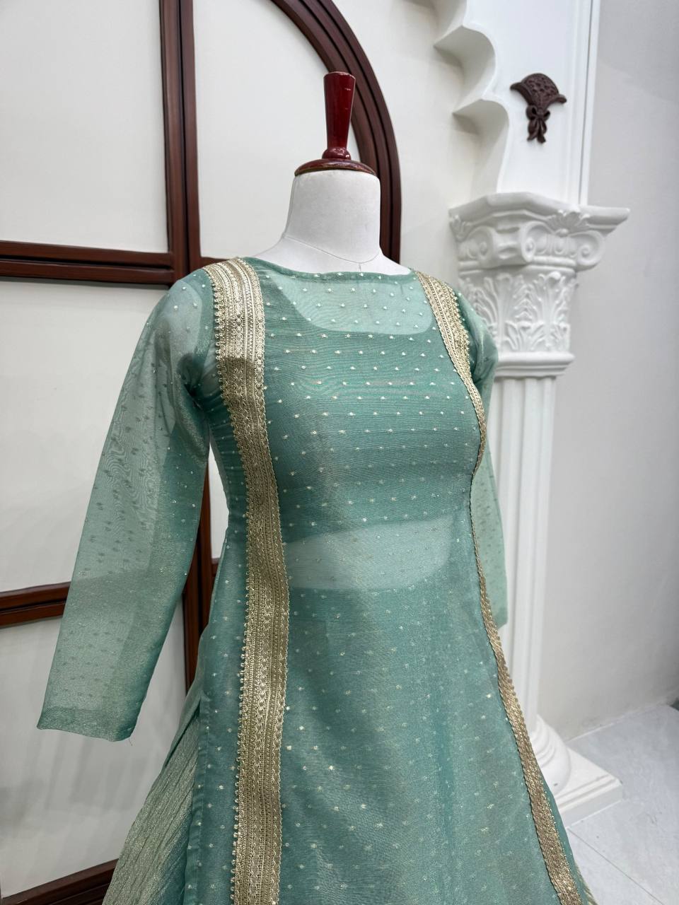 Heavy Salsa Crush Flared Lehenga Set with Lace Work Top & Coordinated Blouse