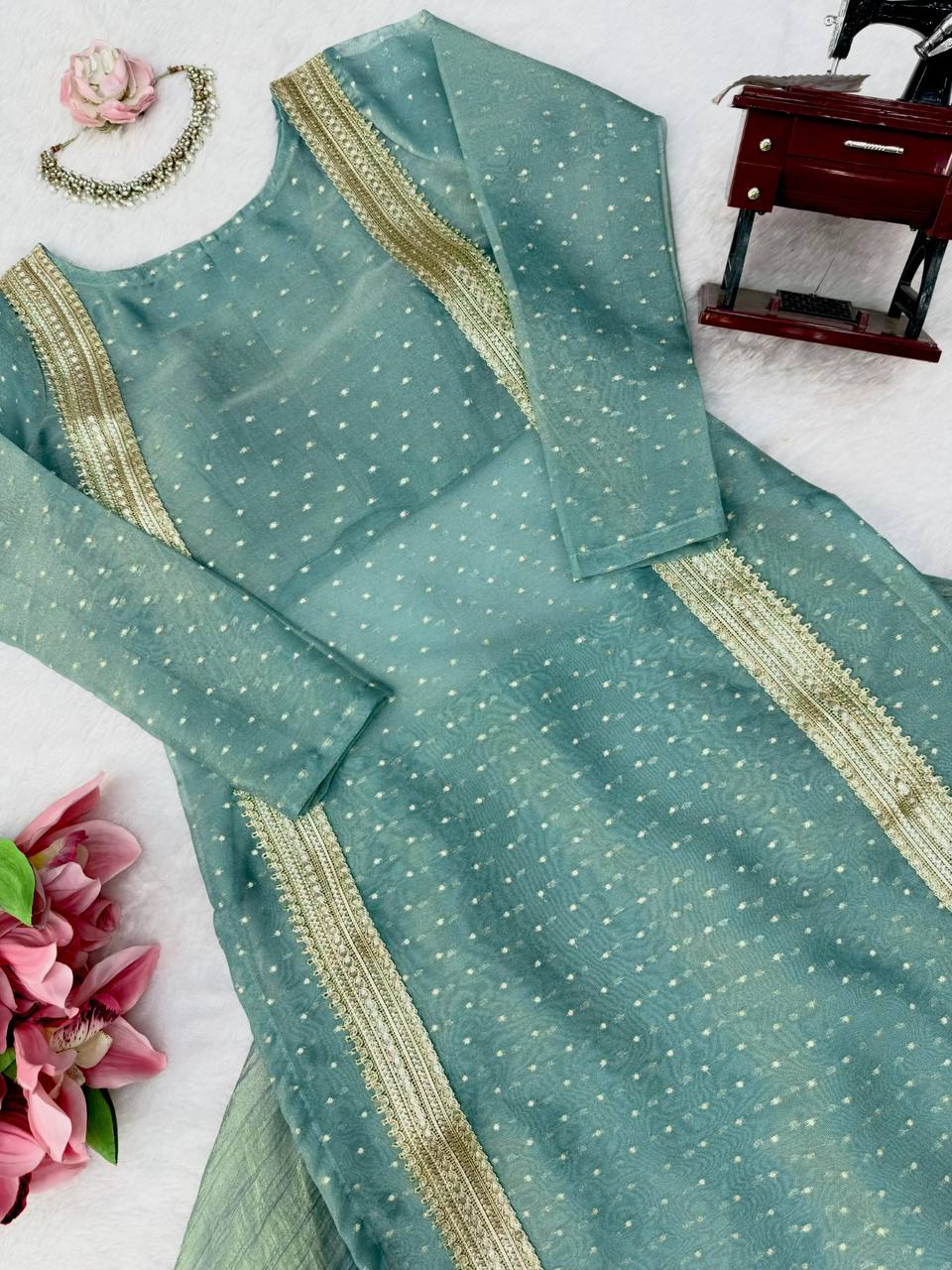 Heavy Salsa Crush Flared Lehenga Set with Lace Work Top & Coordinated Blouse