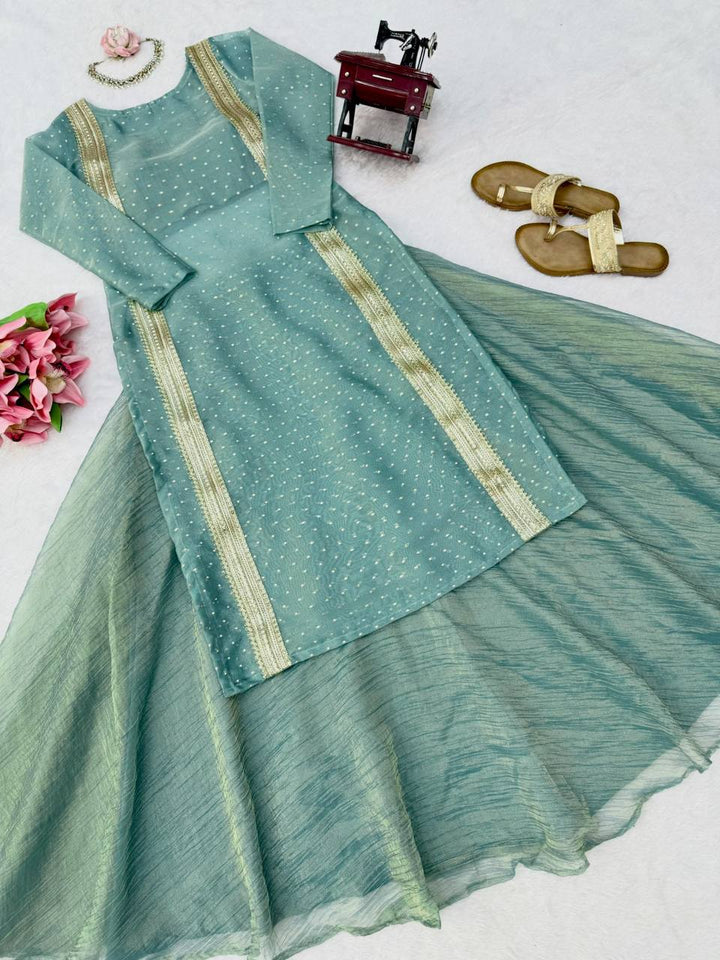 Heavy Salsa Crush Flared Lehenga Set with Lace Work Top & Coordinated Blouse
