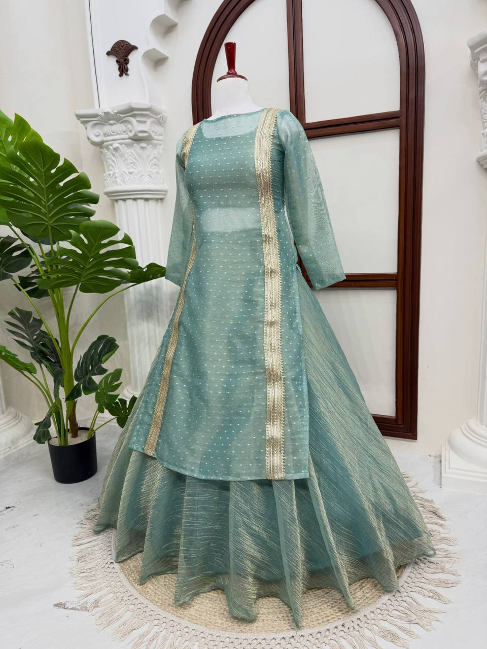 Heavy Salsa Crush Flared Lehenga Set with Lace Work Top & Coordinated Blouse