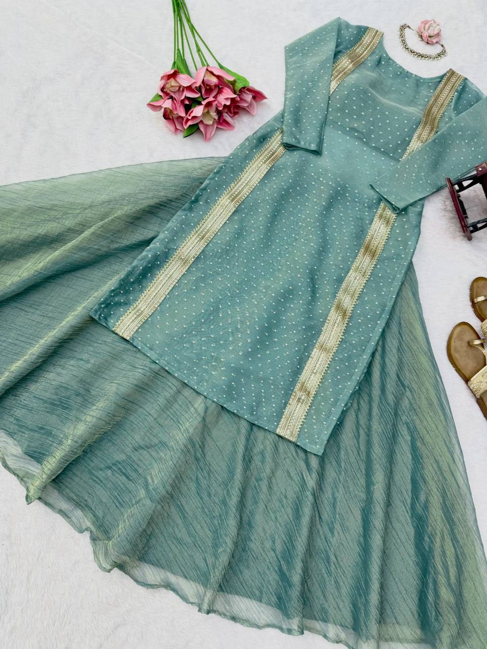 Heavy Salsa Crush Flared Lehenga Set with Lace Work Top & Coordinated Blouse