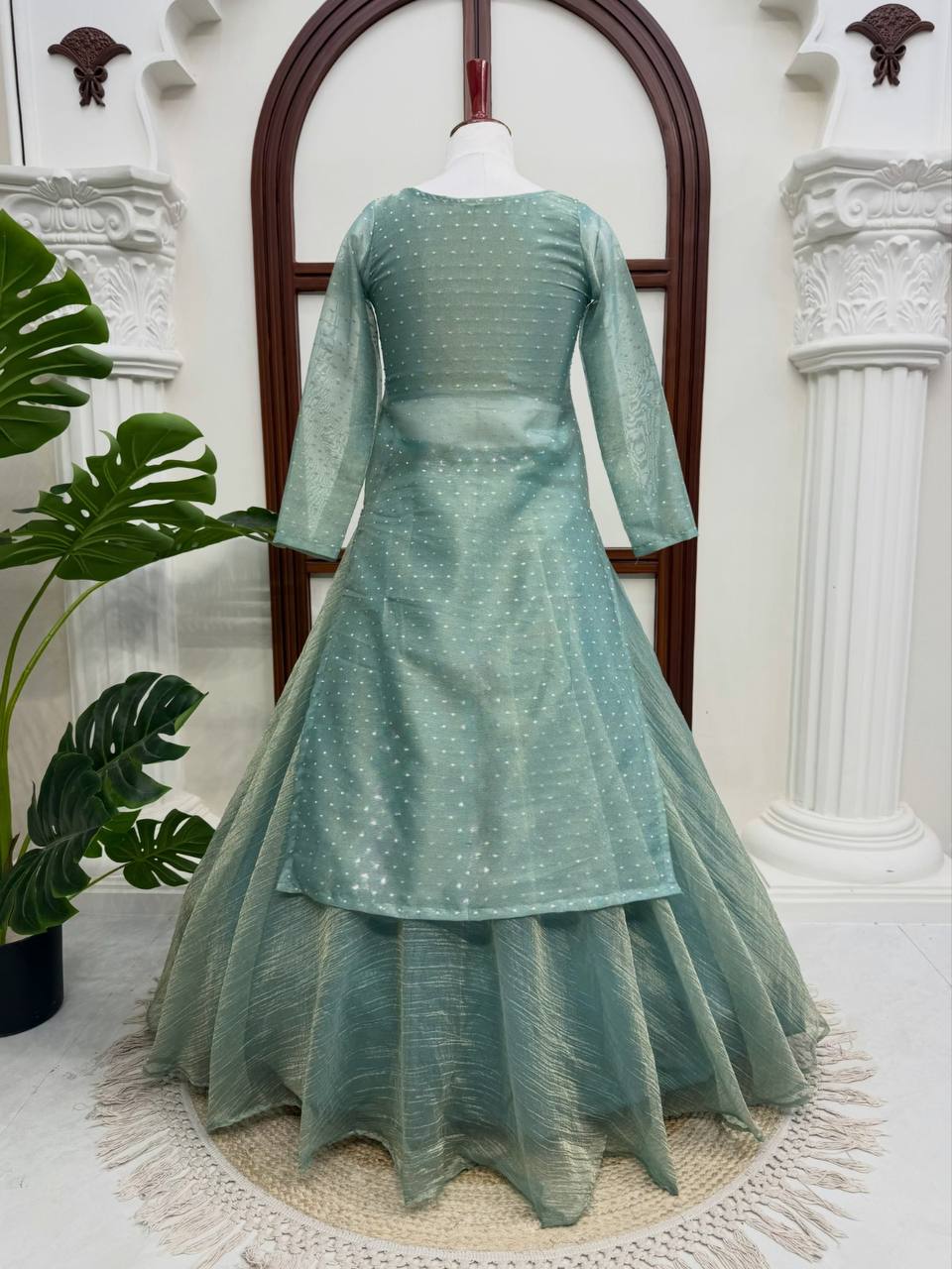 Heavy Salsa Crush Flared Lehenga Set with Lace Work Top & Coordinated Blouse