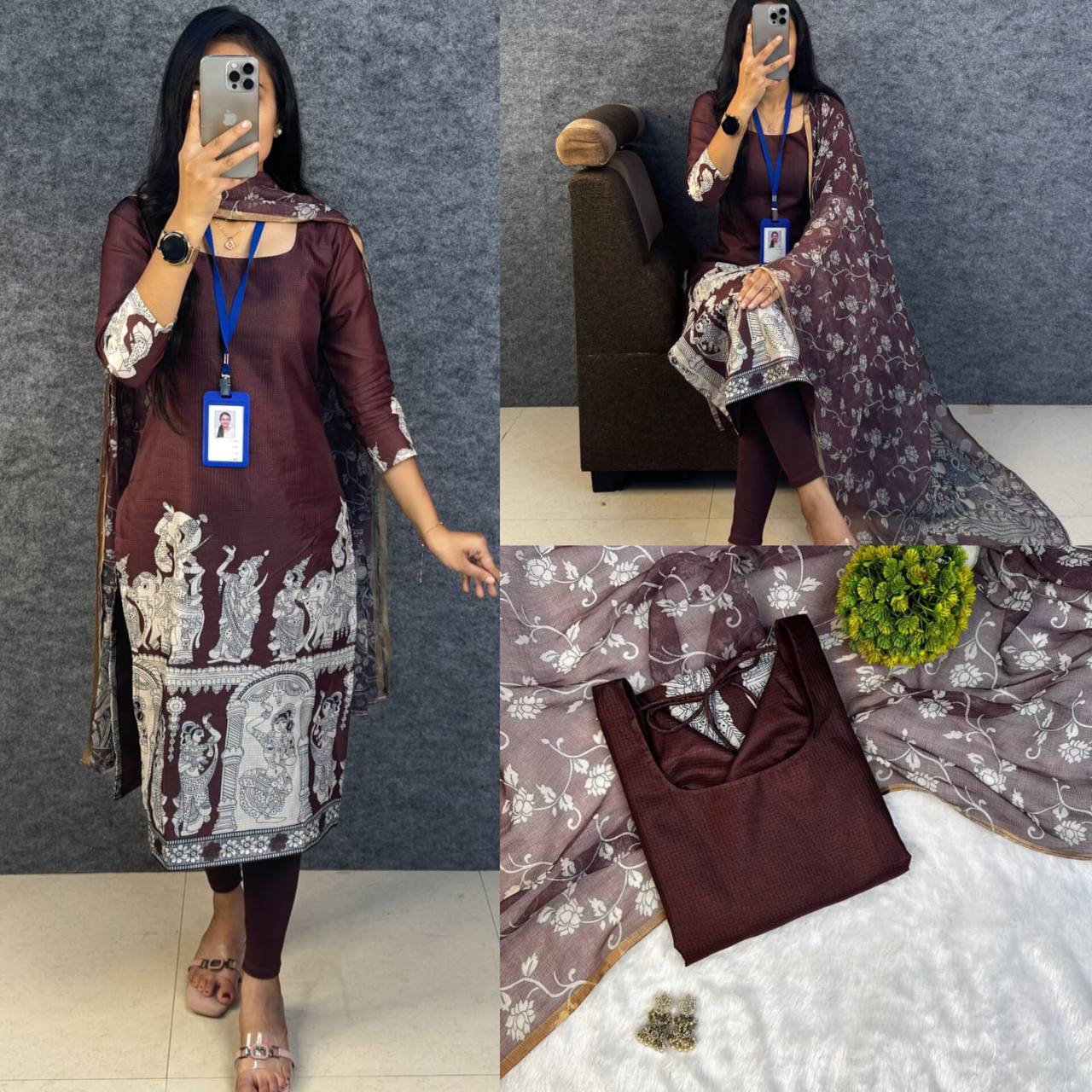 Kalamkari Khalahasti Kota Chex Kurti With Kalamkari Duppata