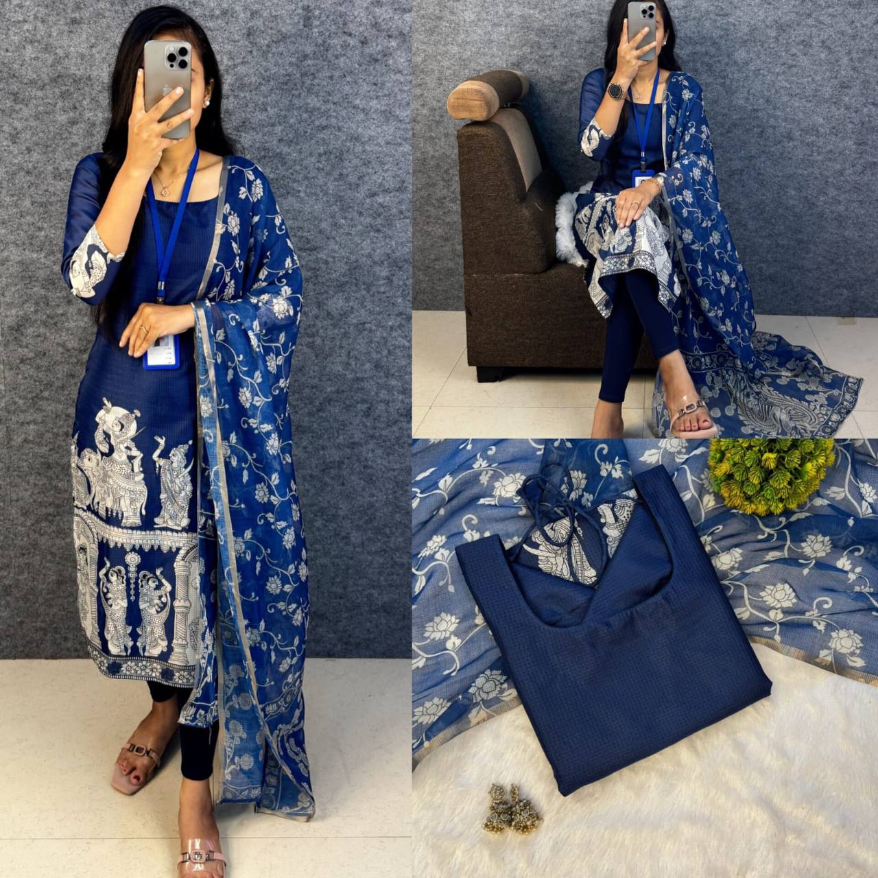 Kalamkari Khalahasti Kota Chex Kurti With Kalamkari Duppata