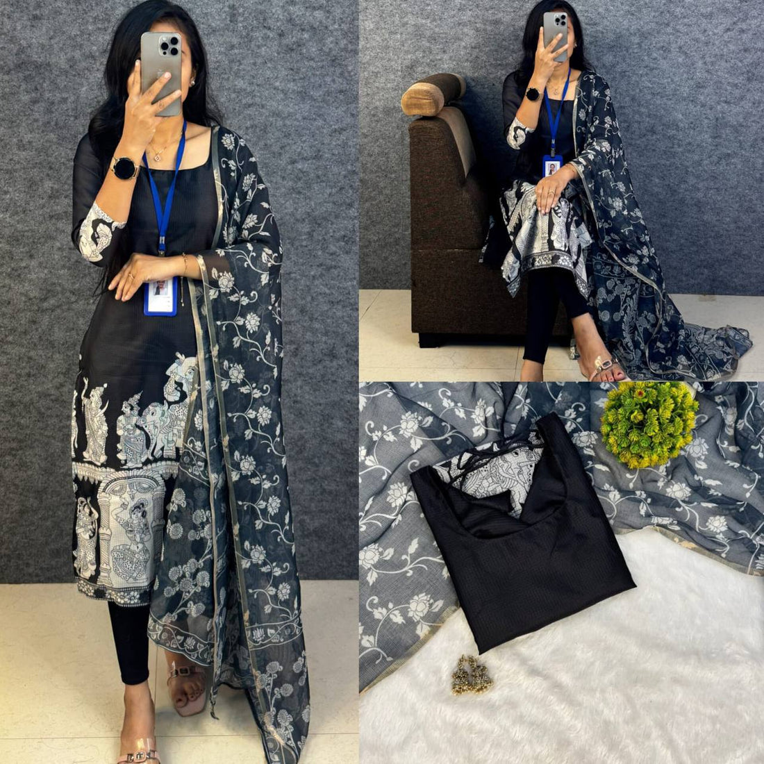 Kalamkari Khalahasti Kota Chex Kurti With Kalamkari Duppata