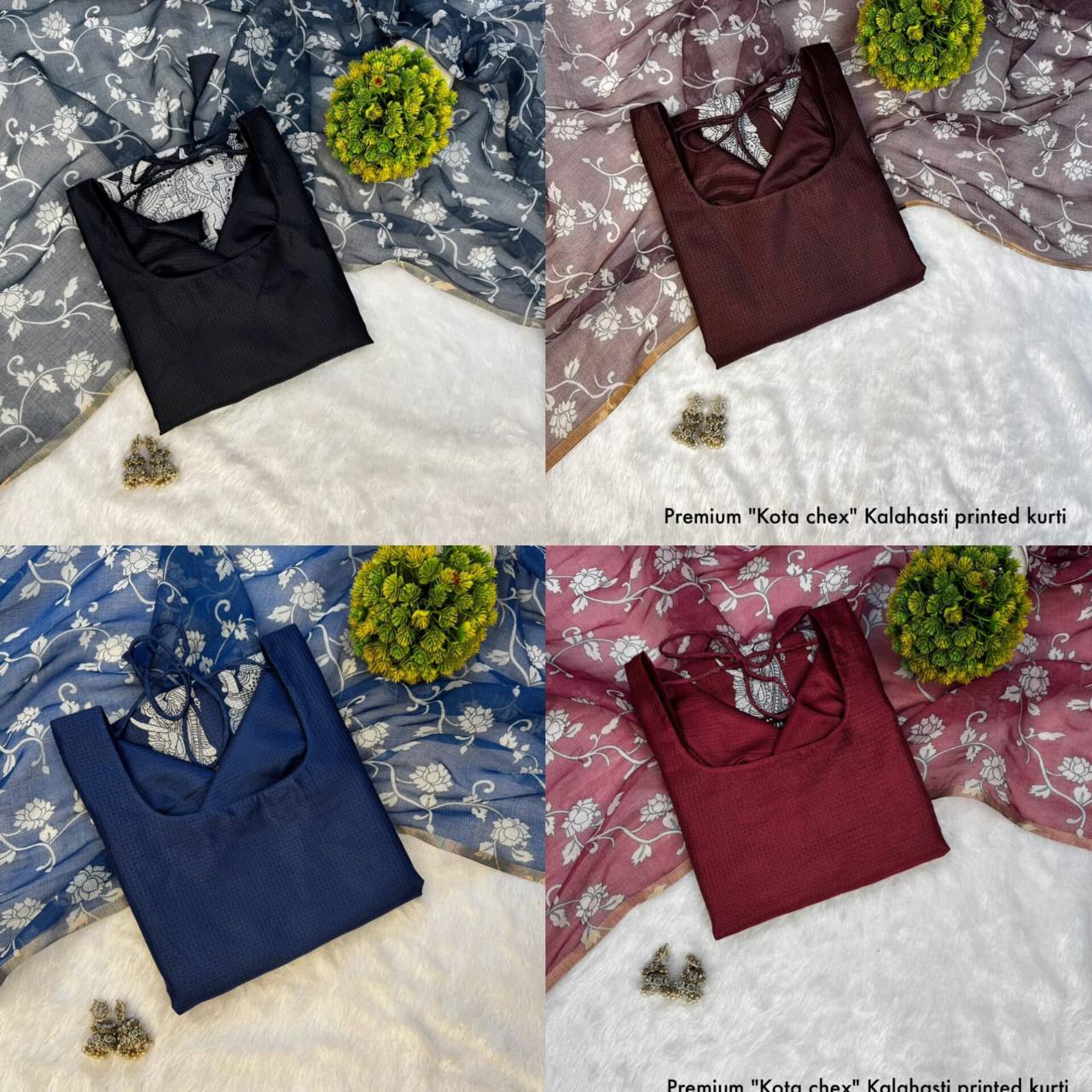 Kalamkari Khalahasti Kota Chex Kurti With Kalamkari Duppata