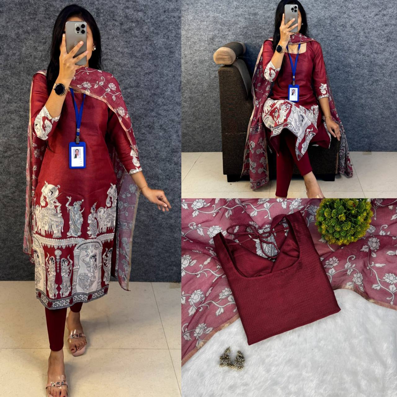 Kalamkari Khalahasti Kota Chex Kurti With Kalamkari Duppata