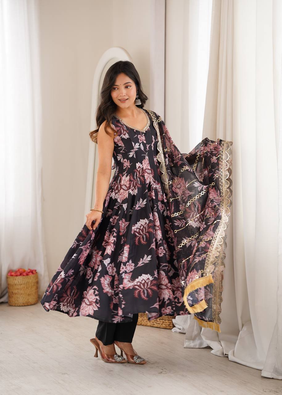 Pure Muslin Floral Printed Anarkali Gown Set with Organza Dupatta & Pants