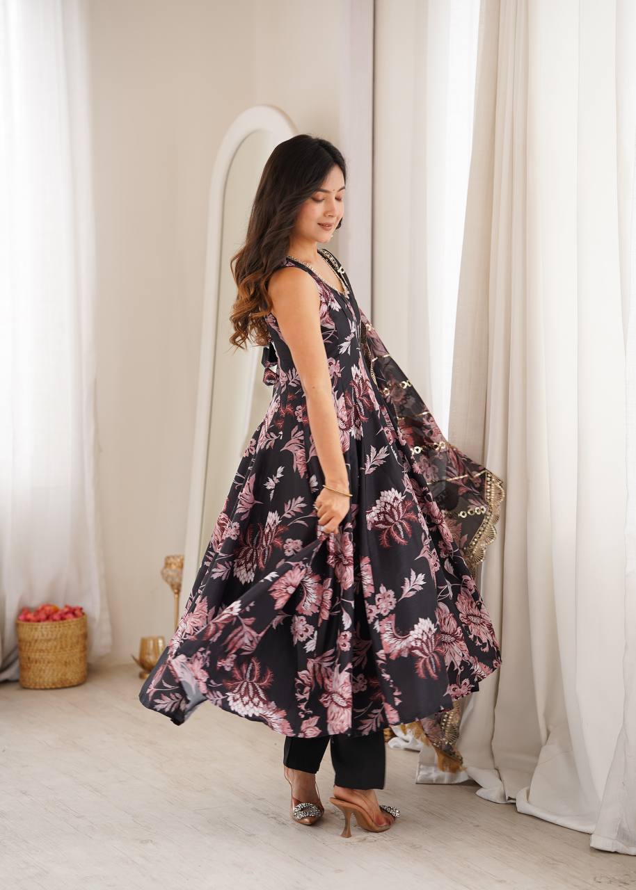 Pure Muslin Floral Printed Anarkali Gown Set with Organza Dupatta & Pants