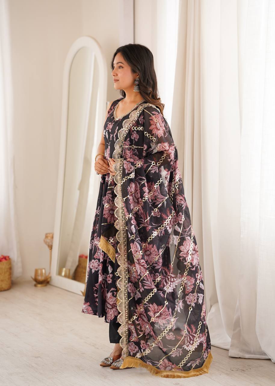 Pure Muslin Floral Printed Anarkali Gown Set with Organza Dupatta & Pants