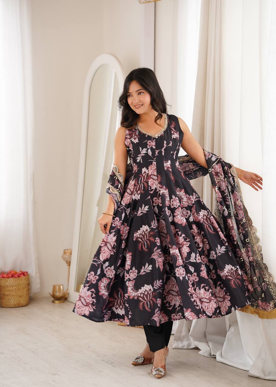 Pure Muslin Floral Printed Anarkali Gown Set with Organza Dupatta & Pants