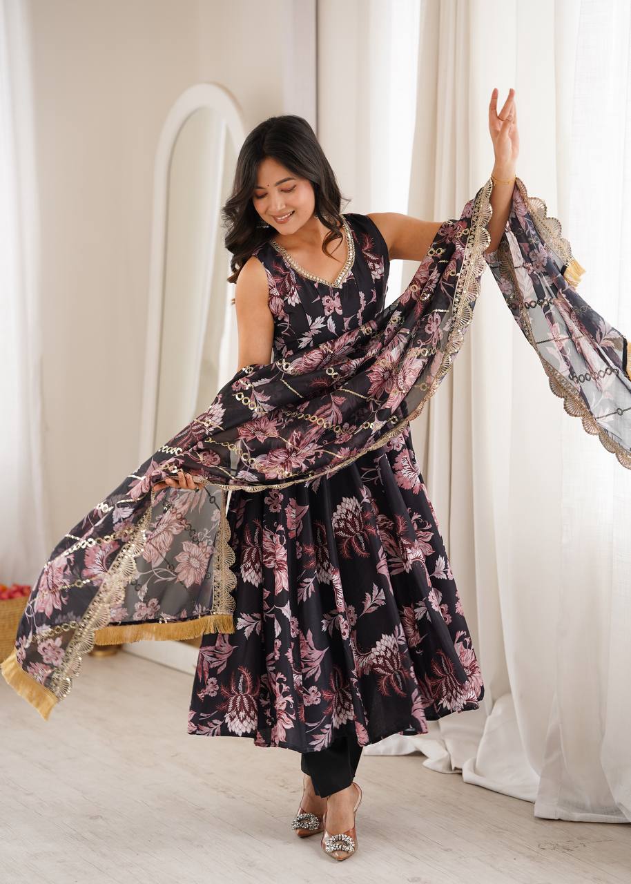 Pure Muslin Floral Printed Anarkali Gown Set with Organza Dupatta & Pants