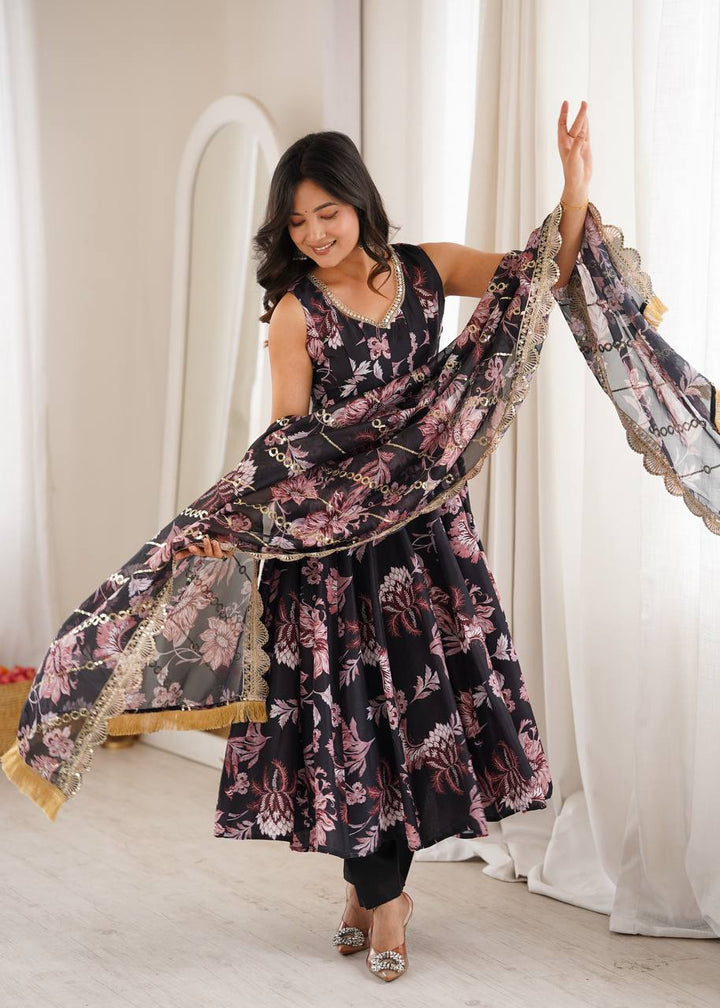 Pure Muslin Floral Printed Anarkali Gown Set with Organza Dupatta & Pants