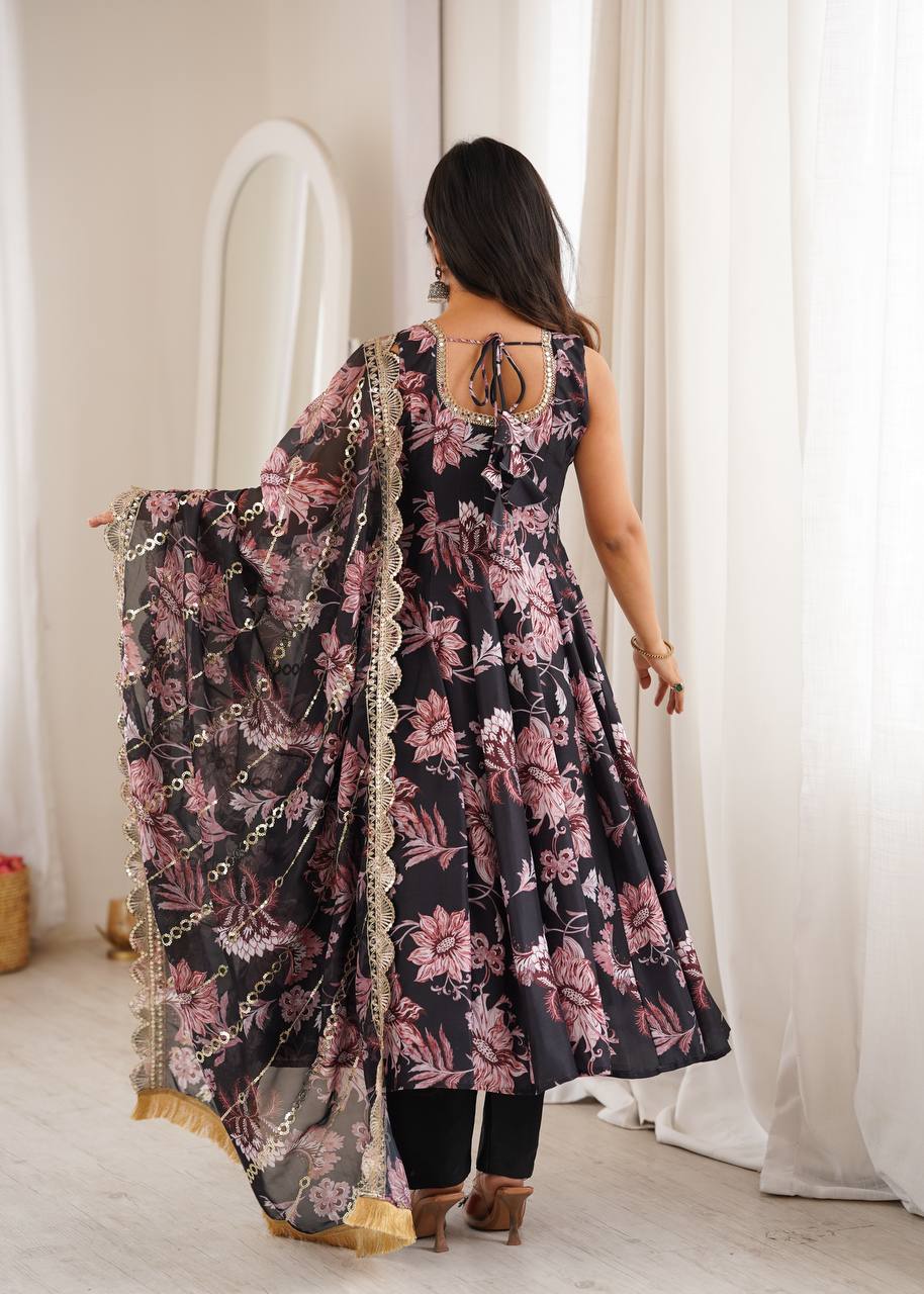 Pure Muslin Floral Printed Anarkali Gown Set with Organza Dupatta & Pants