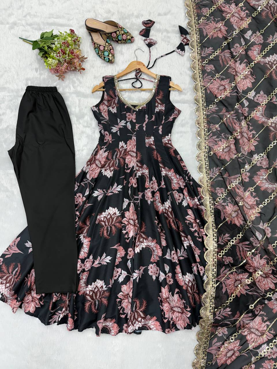 Pure Muslin Floral Printed Anarkali Gown Set with Organza Dupatta & Pants