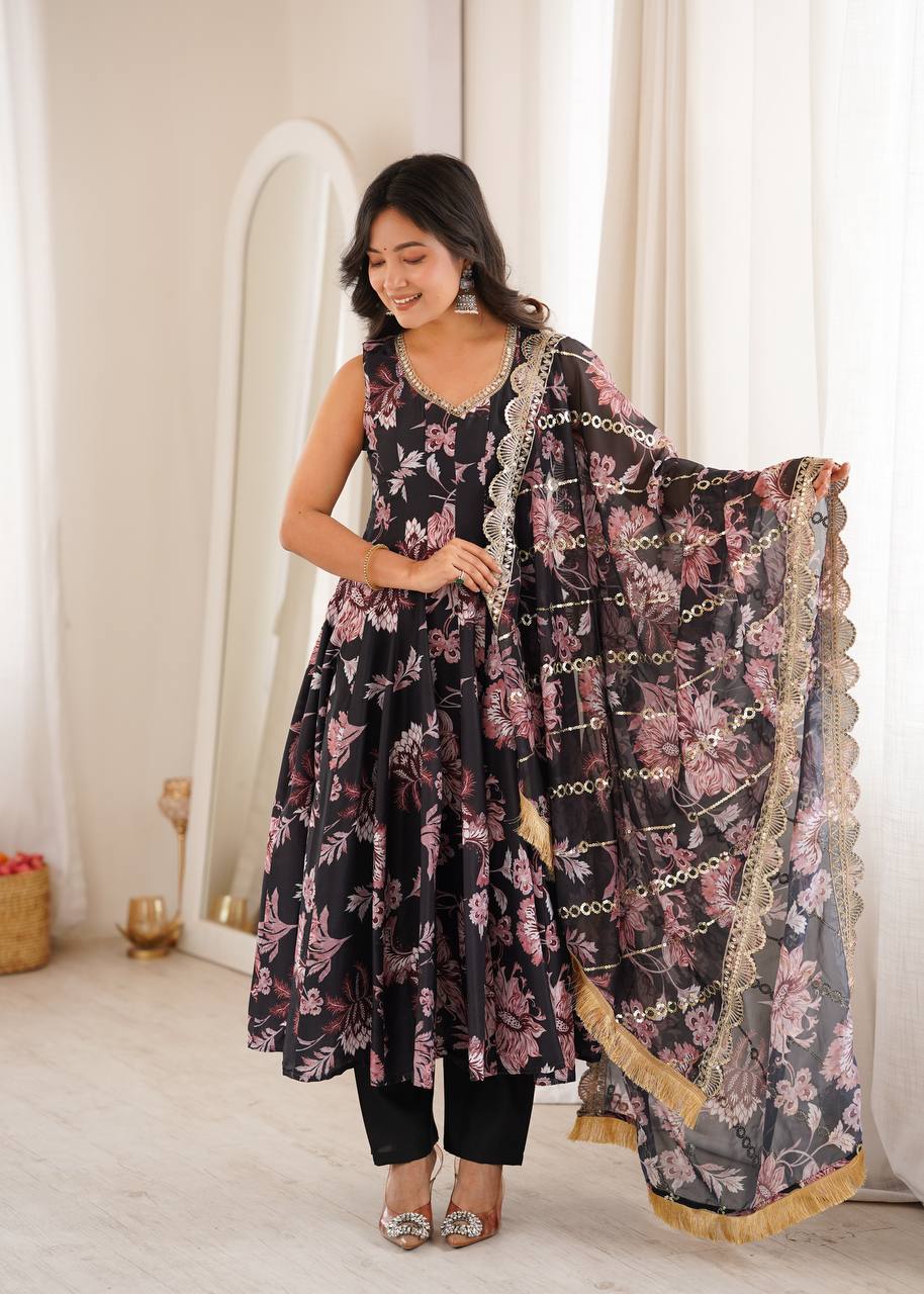 Pure Muslin Floral Printed Anarkali Gown Set with Organza Dupatta & Pants