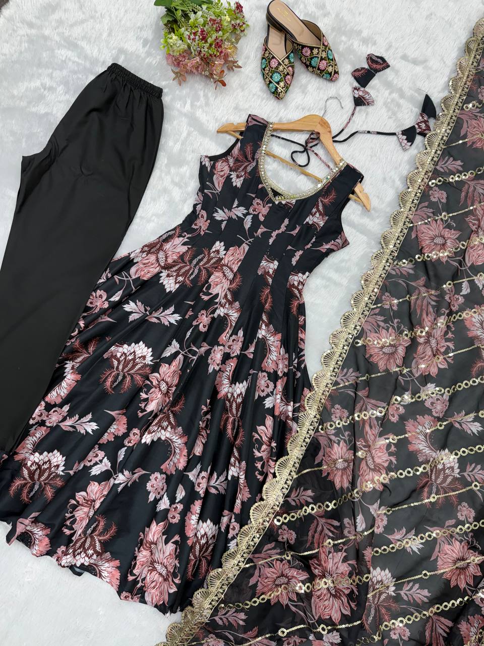 Pure Muslin Floral Printed Anarkali Gown Set with Organza Dupatta & Pants
