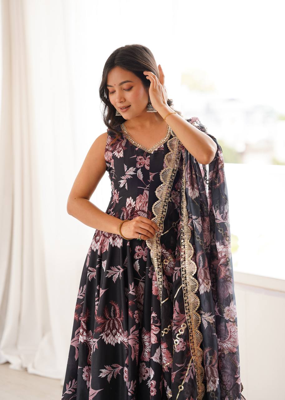 Pure Muslin Floral Printed Anarkali Gown Set with Organza Dupatta & Pants