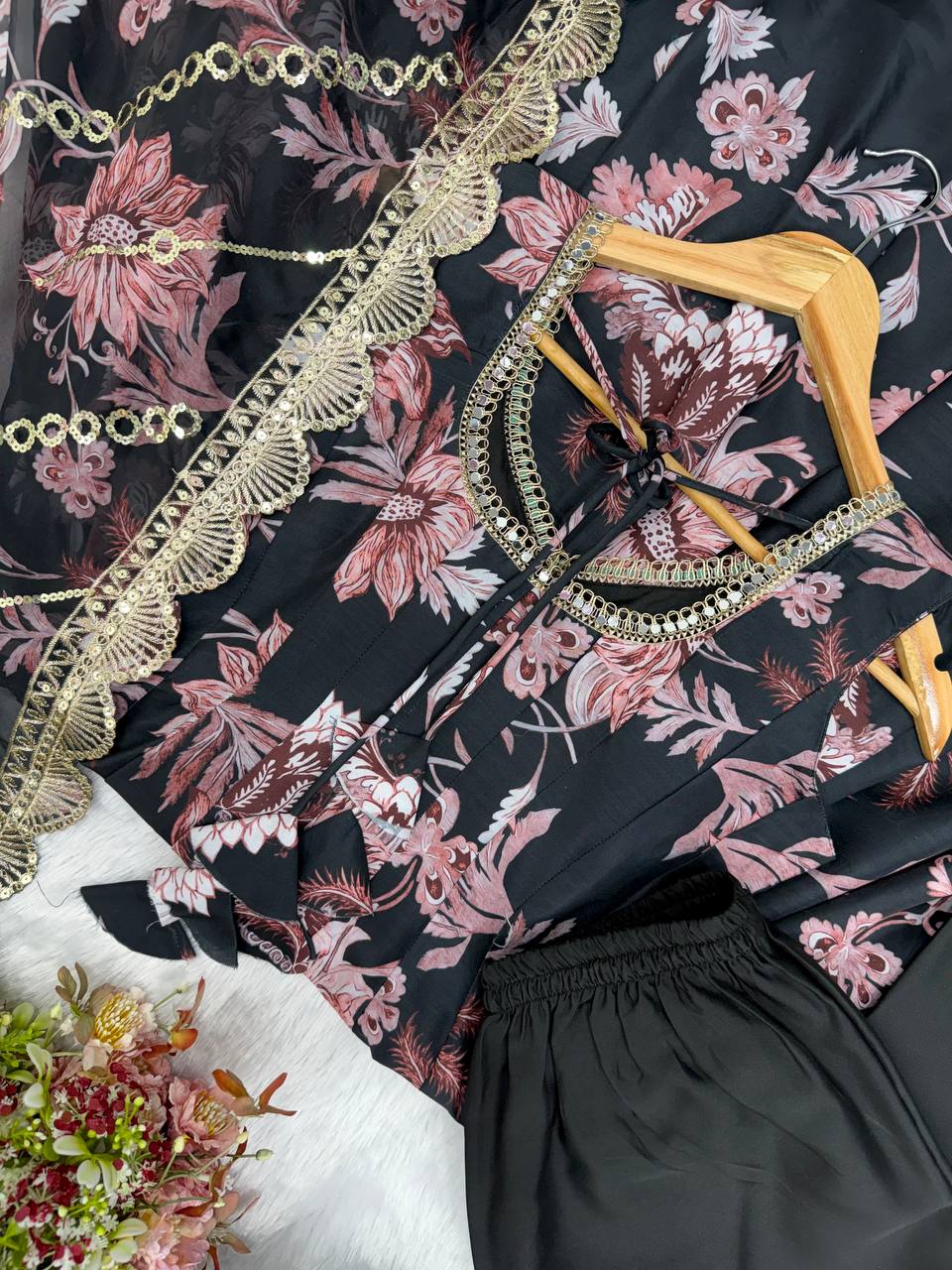 Pure Muslin Floral Printed Anarkali Gown Set with Organza Dupatta & Pants