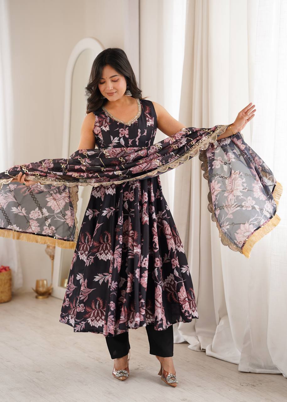 Pure Muslin Floral Printed Anarkali Gown Set with Organza Dupatta & Pants