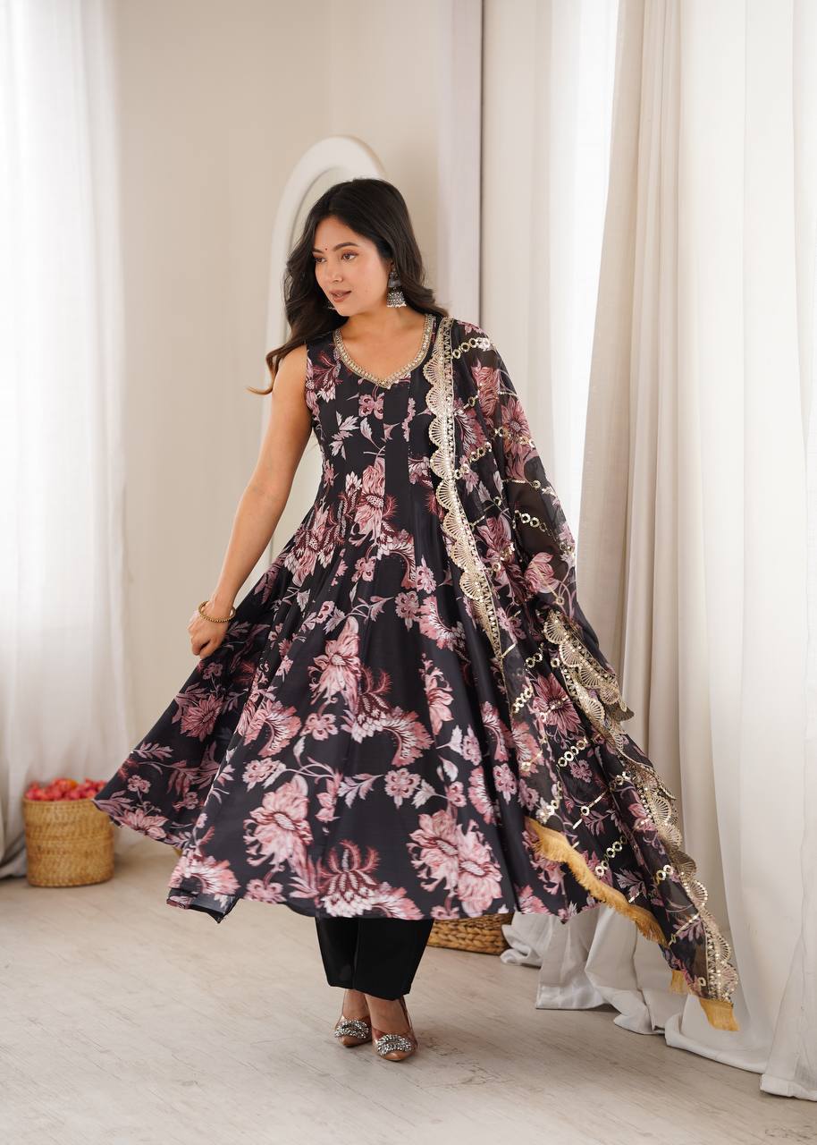 Pure Muslin Floral Printed Anarkali Gown Set with Organza Dupatta & Pants