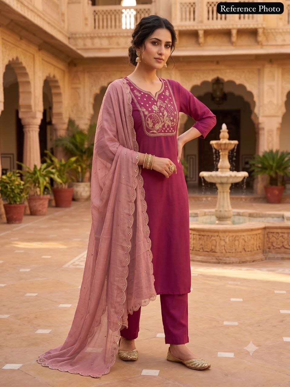 Rouge Roman Silk Kurti Pant Dupatta Set with Beads Work