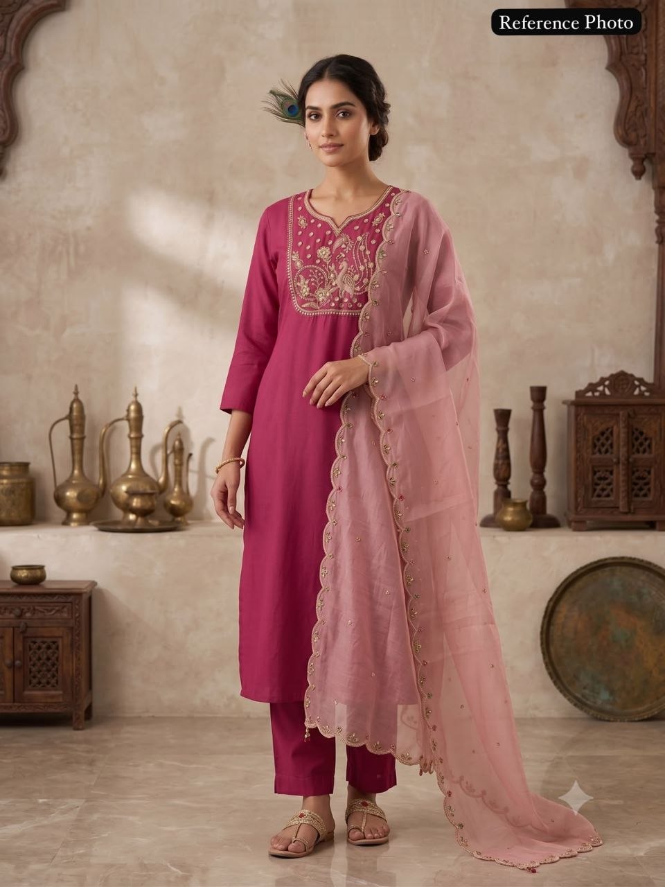Rouge Roman Silk Kurti Pant Dupatta Set with Beads Work
