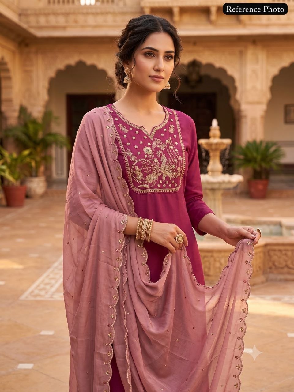 Rouge Roman Silk Kurti Pant Dupatta Set with Beads Work
