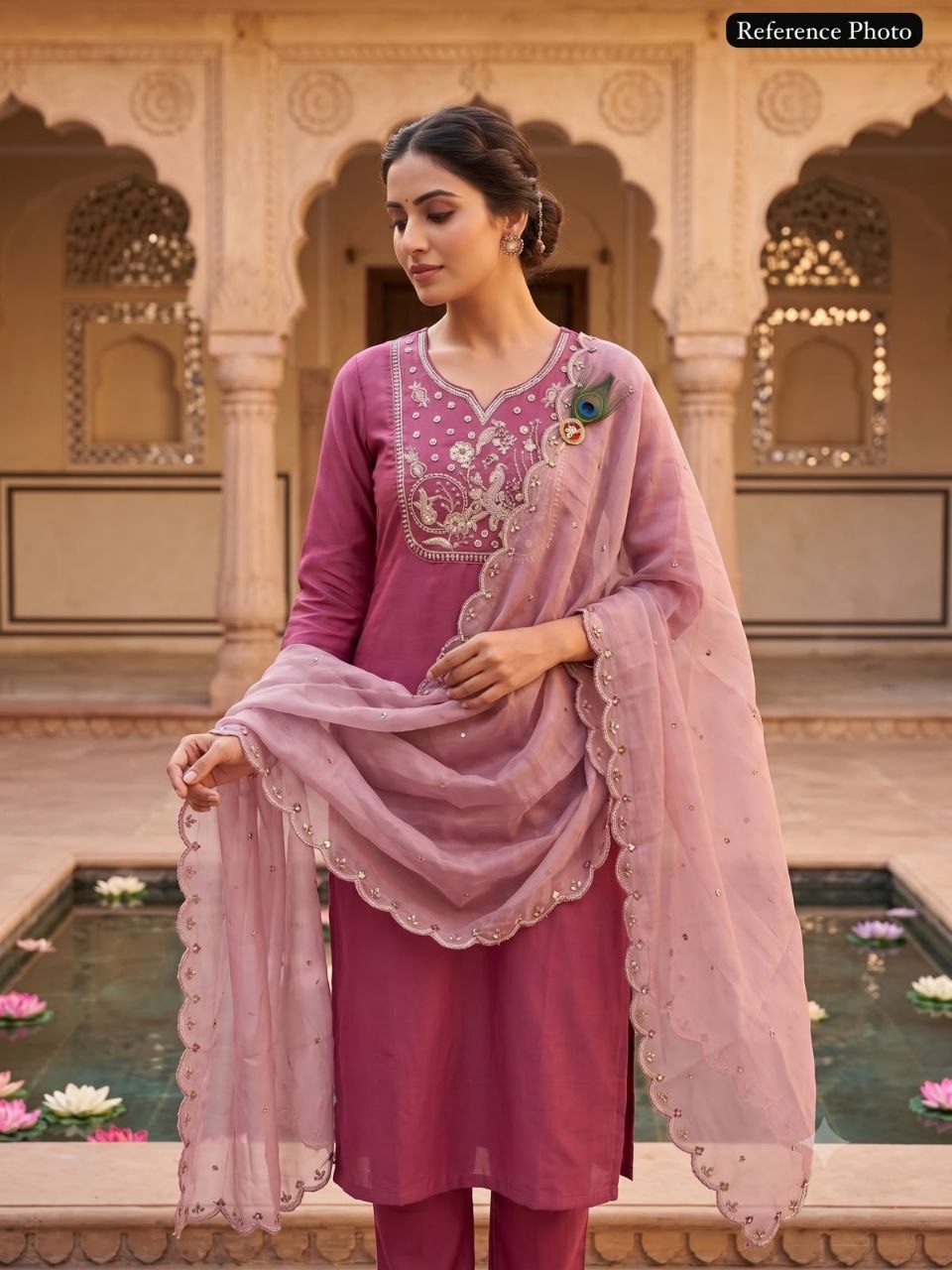Rouge Roman Silk Kurti Pant Dupatta Set with Beads Work