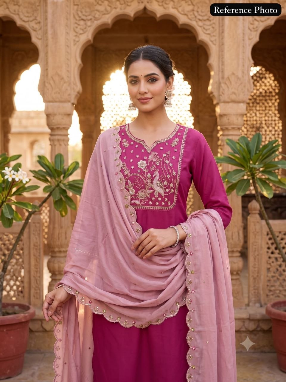 Rouge Roman Silk Kurti Pant Dupatta Set with Beads Work