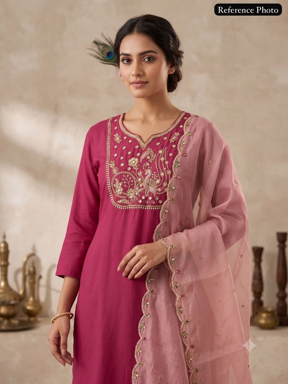Rouge Roman Silk Kurti Pant Dupatta Set with Beads Work