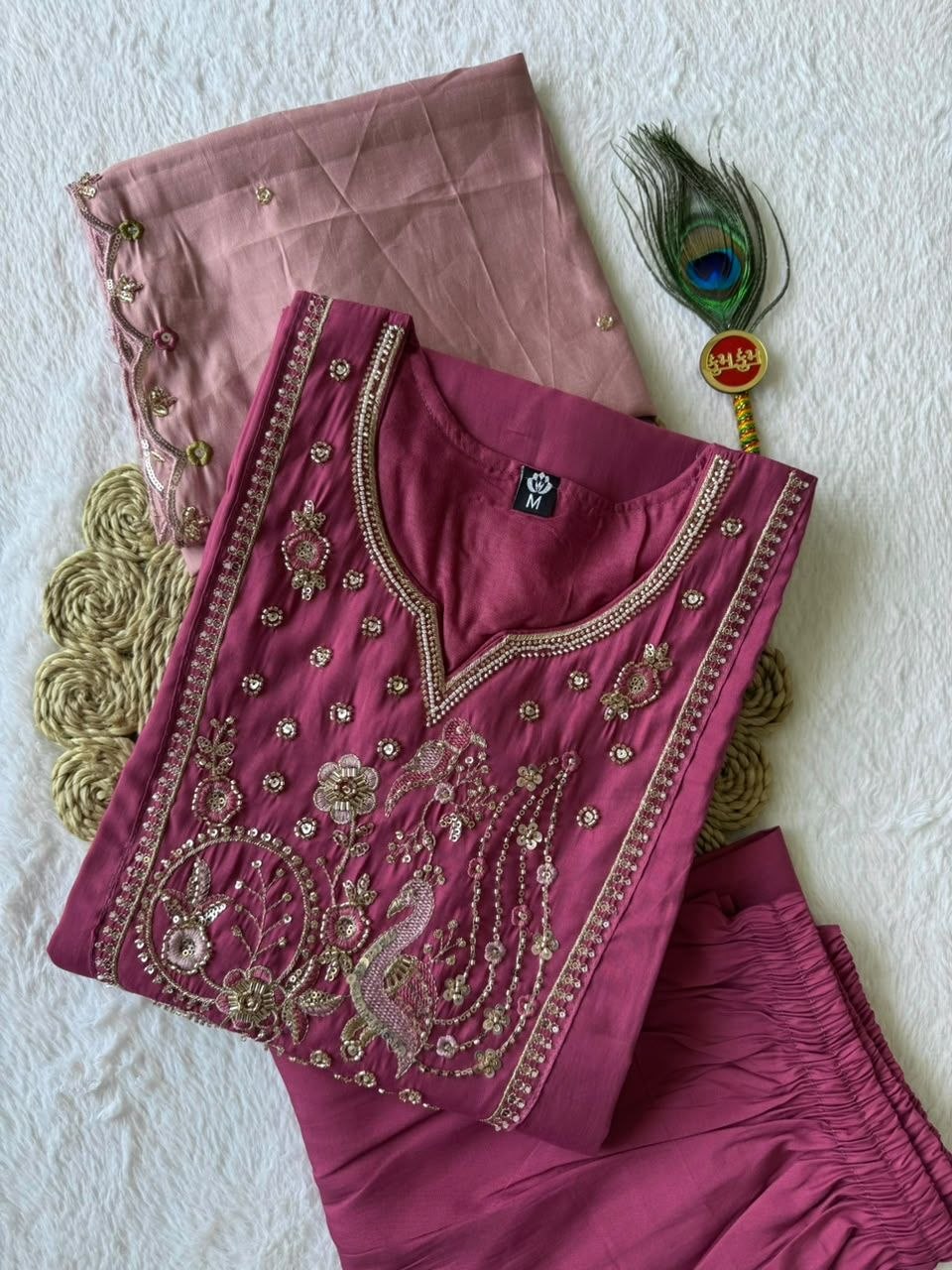 Rouge Roman Silk Kurti Pant Dupatta Set with Beads Work
