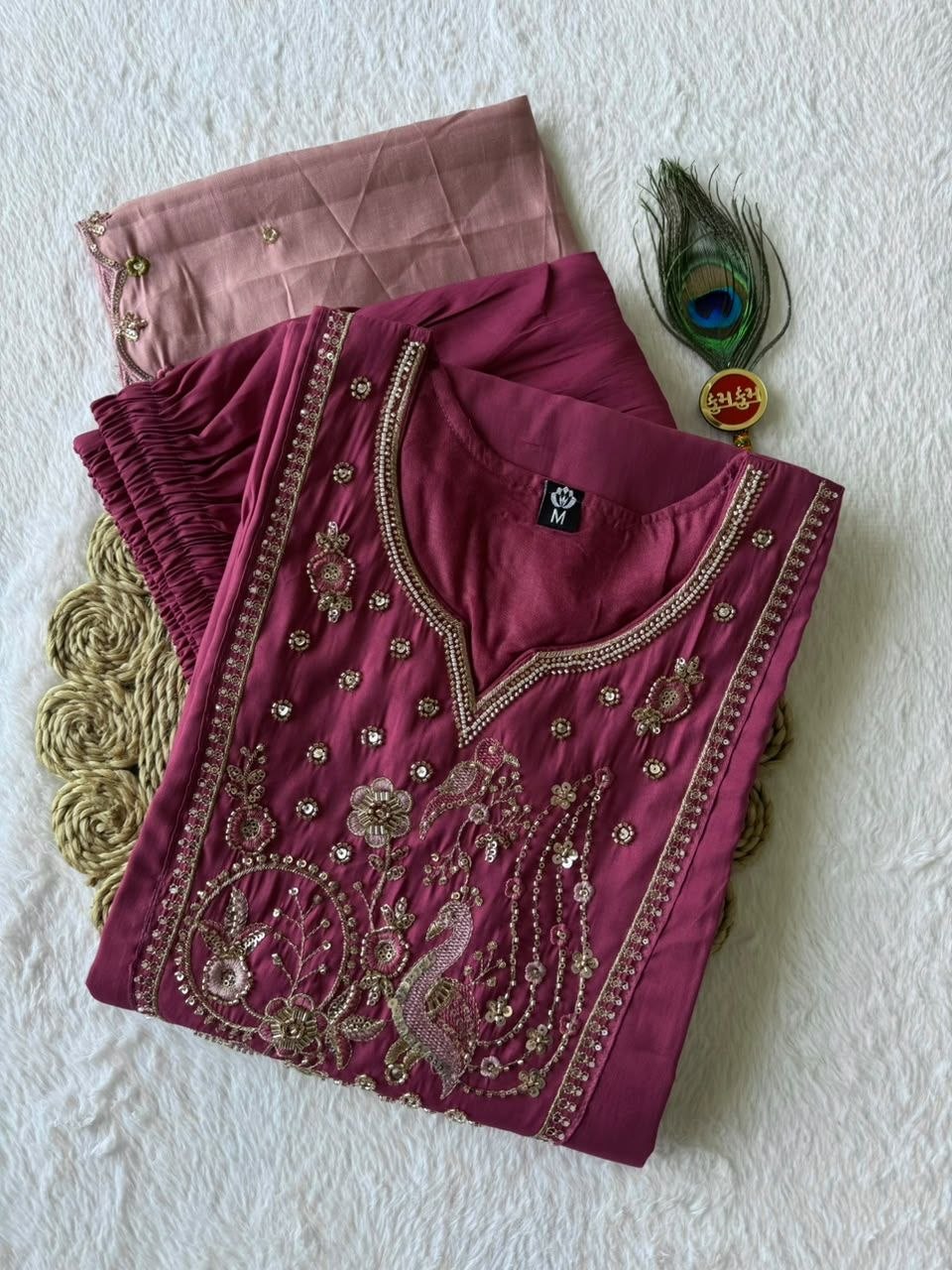 Rouge Roman Silk Kurti Pant Dupatta Set with Beads Work